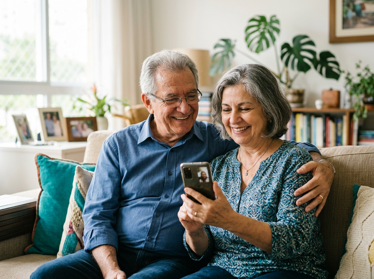 Casal de idosos sorrindo enquanto conversa pelo celular