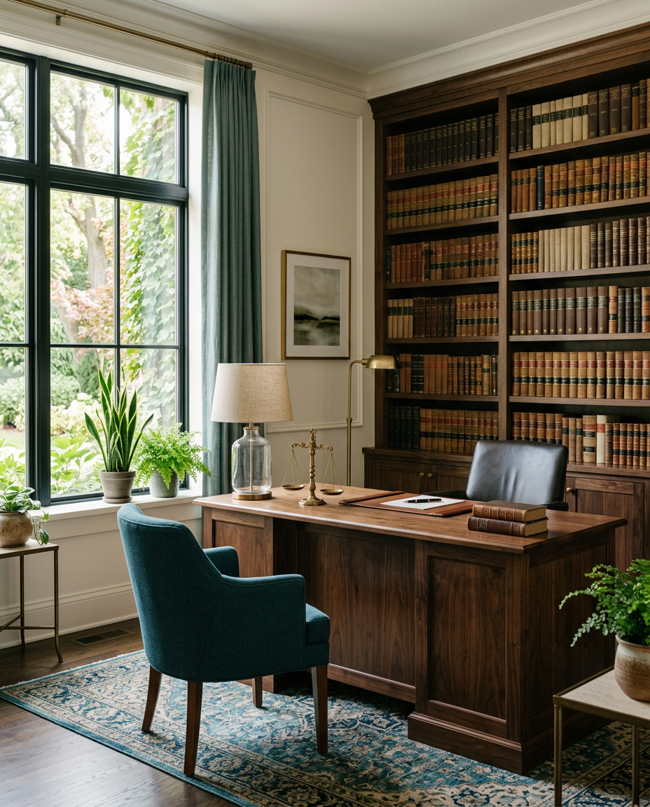 Escritório de advocacia com estante de livros jurídicos e mesa de atendimento