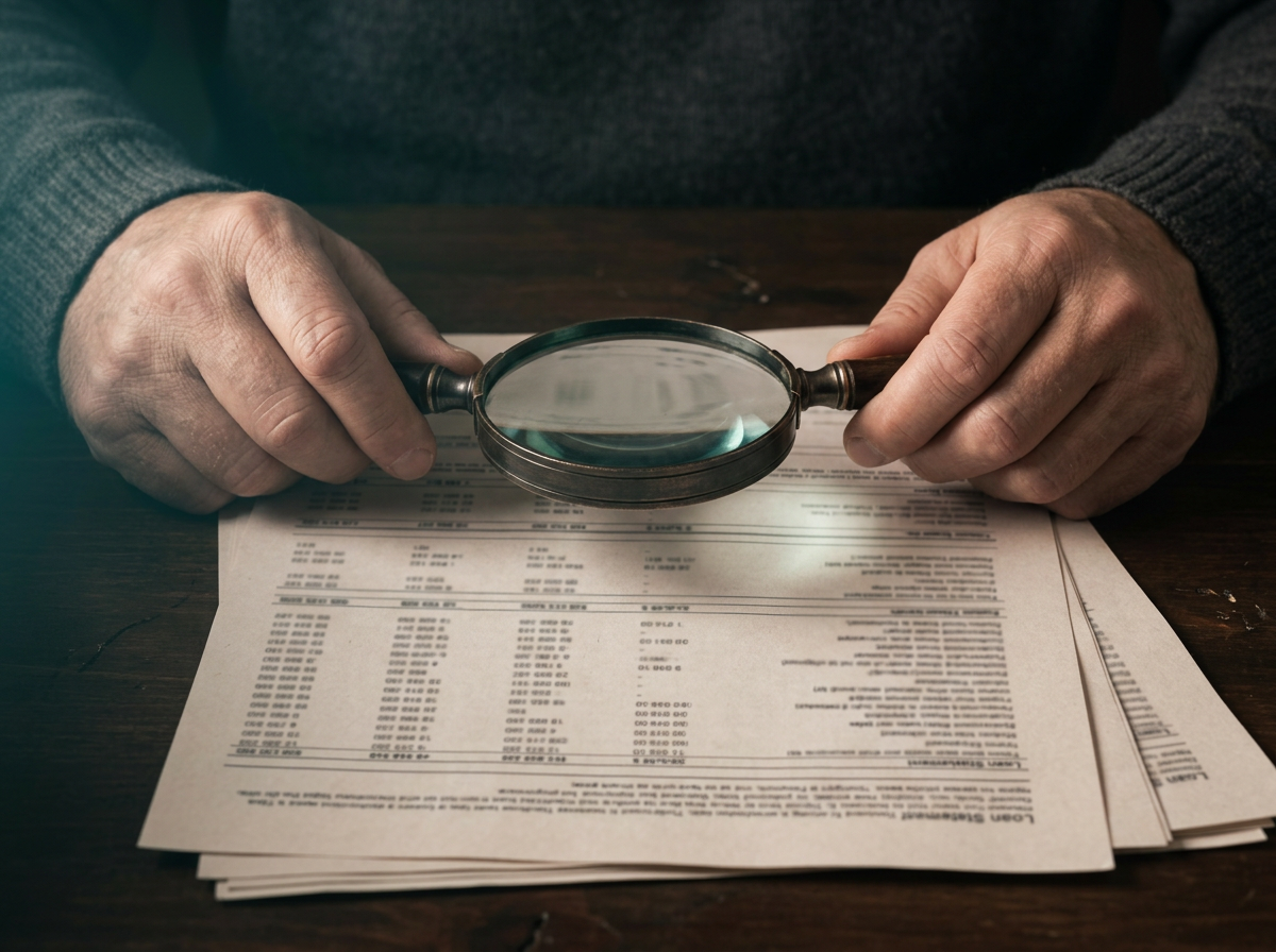 Mãos segurando uma lupa sobre extratos de empréstimo